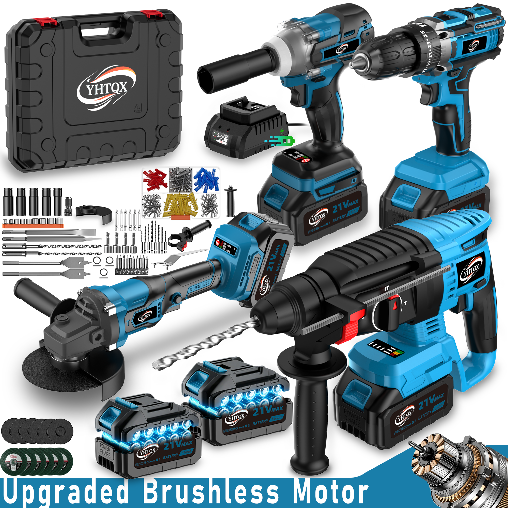 DGB 21V Cordless Power Tool Combo Kit, Multi-Function Brushless Power Tools for Home Improvement, Construction & Auto Repair