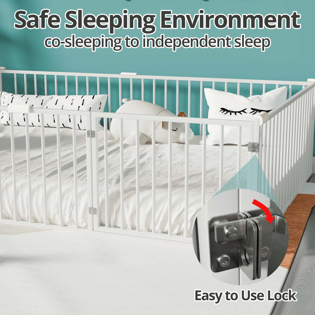 Full Montessori Floor Bed with 20.6" High Safety Fence & Anti-Collision Cotton, Durable Metal Frame for Toddlers' Sleep & Play, White