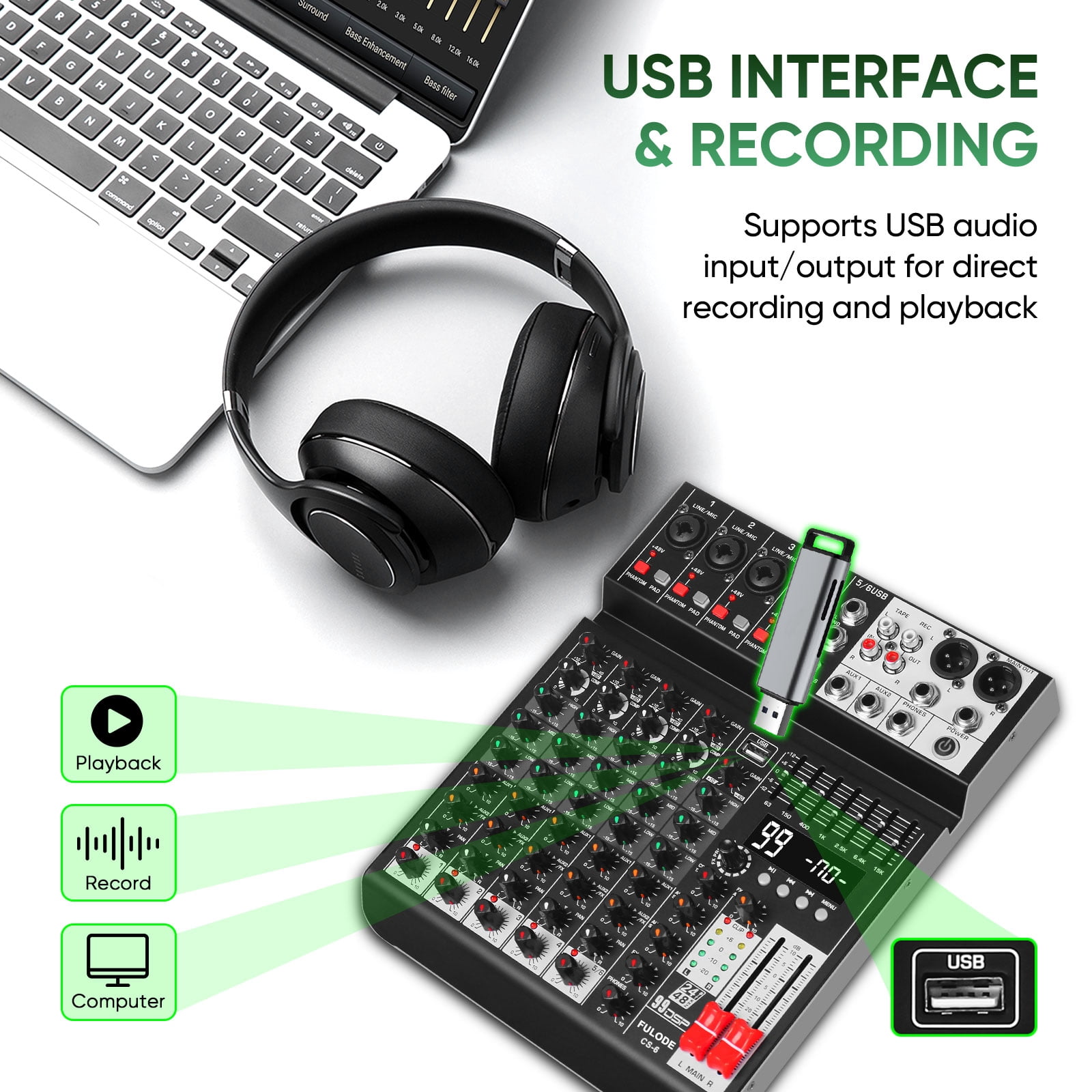 Audio Mixer 6 Channel Sound Mixer Console, Professional Music Mixing Board DJ Mixer w/ 99 DSP, 7-band EQ, USB, Bluetooth, 48V Phantom Power & PAD Function for Recording PA Live Live Streaming