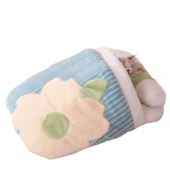 Cozy Cat Sleeping Bag with Detachable Pillow, 25.2x17.3 Inch Warm Cave Cat Bed for Indoor Cats, Semi-Enclosed Sakura Design with Rabbit Fleece for Cats Up to 15 lbs