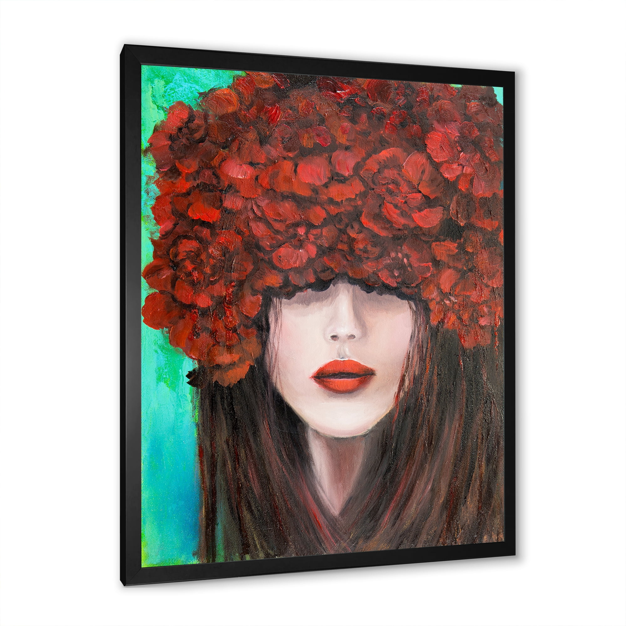 Designart 'Portrait Of A Young Lady With Red Flowers' Modern Framed Art Print