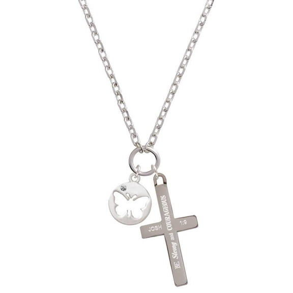Delight Jewelry Silvertone Butterfly Silhouette Be Strong and Courageous Engraved Cross Zoey Necklace, 28"