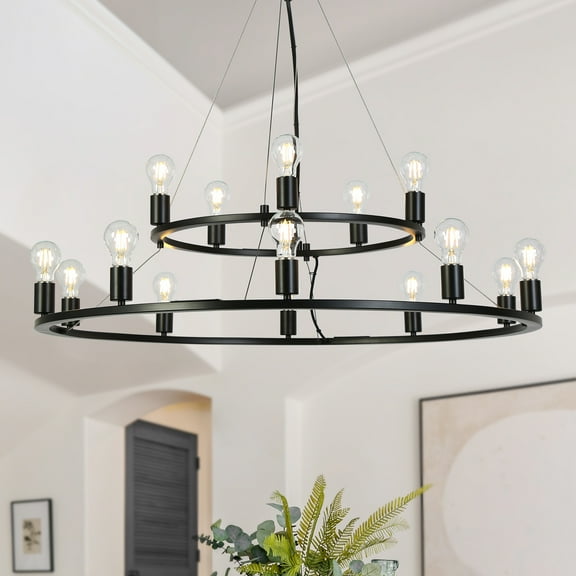 LNC 15-Light 2-Tier Modern Industrial Metal Matte Black Hardwired Wagon Wheel Chandelier