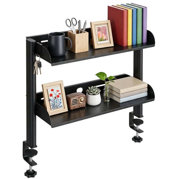 Clamp On Desk Shelf, 2-Tier Carbon Steel Storage Rack with Hooks, Adjustable Office Desk Organizer, No-drilling C Clamp Desktop Shelf for Home, Office