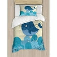 thumbnail image 3 of Whale Decor Queen Size Duvet Cover Set, Cartoon Smiley Cute Patterned Whale with Ornamental Striped Waves Image, Decorative 3 Piece Bedding Set with 2 Pillow Shams, Blue and Dark Blue, by Ambesonne, 3 of 3