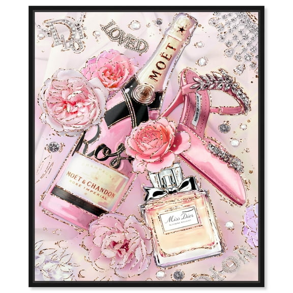 Pink Roses and Wine with Fashion Canvas Fashion Art by Art Remedy, Black Frame, 16" x 20"