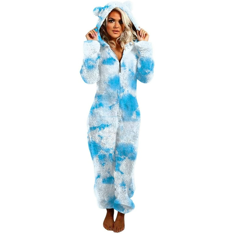RQYYD Clearance Women's Winter Warm Onesie Pajamas Fuzzy Fleece One Piece  Zipper Hooded Romper Jumpsuit Cute Cozy Sleepwear Loungewear(Sky Blue,XL)