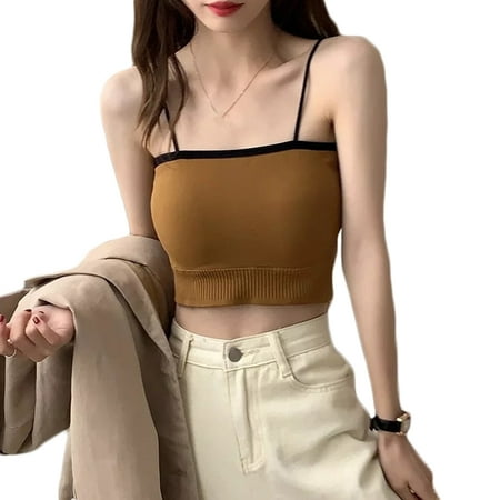 

TINYFULL Women Spaghetti Strap Crop Tube Top Padded Colorblock Slim Sport Camisole Vest