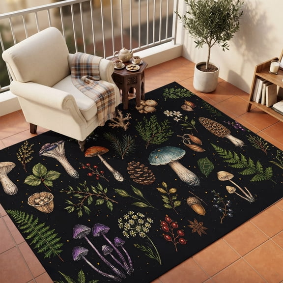 Area Rugs 5'x7', Mushroom Leaves Carpet Runner Indoor Outdoor Rugs Home Decor Aesthetic, Black Country Botanical Berry Flowers Non Slip Mats Washable Accent Rug for Living Room Bedroom