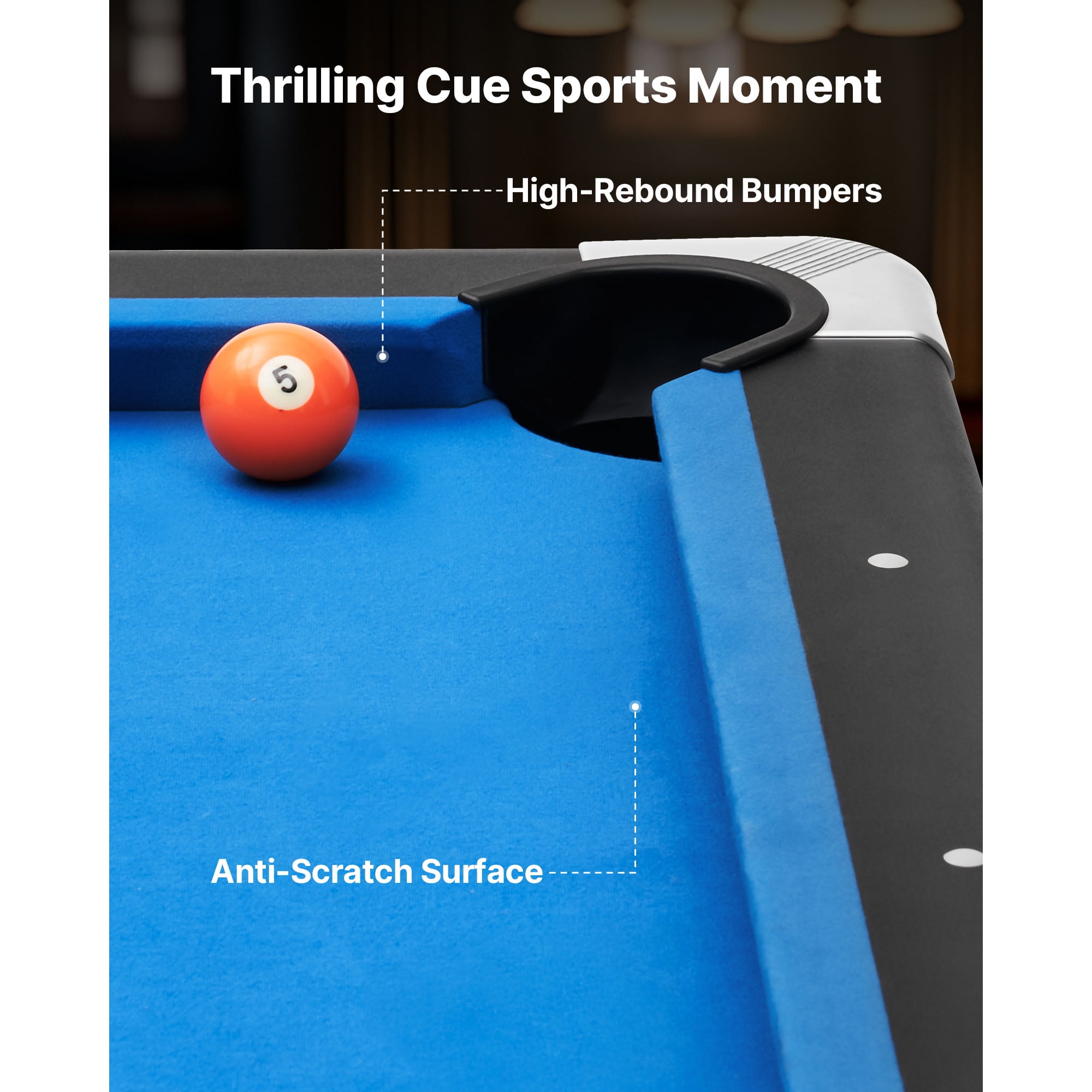 KFFKFF 8 ft Portable Billiards Table with Wood Finish, Adjustable Feet, Includes Balls, Cues, Rack, Chalks, Brush, and Blue Cloth, Ideal for Family Fun and Recreation Rooms