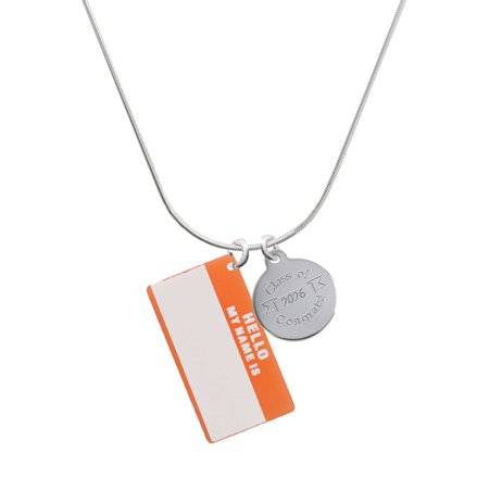 Delight Jewelry Acrylic Orange "Hello" Name Tag - Silvertone Engraved Congrats Class of 2026 Charm Necklace, 18"