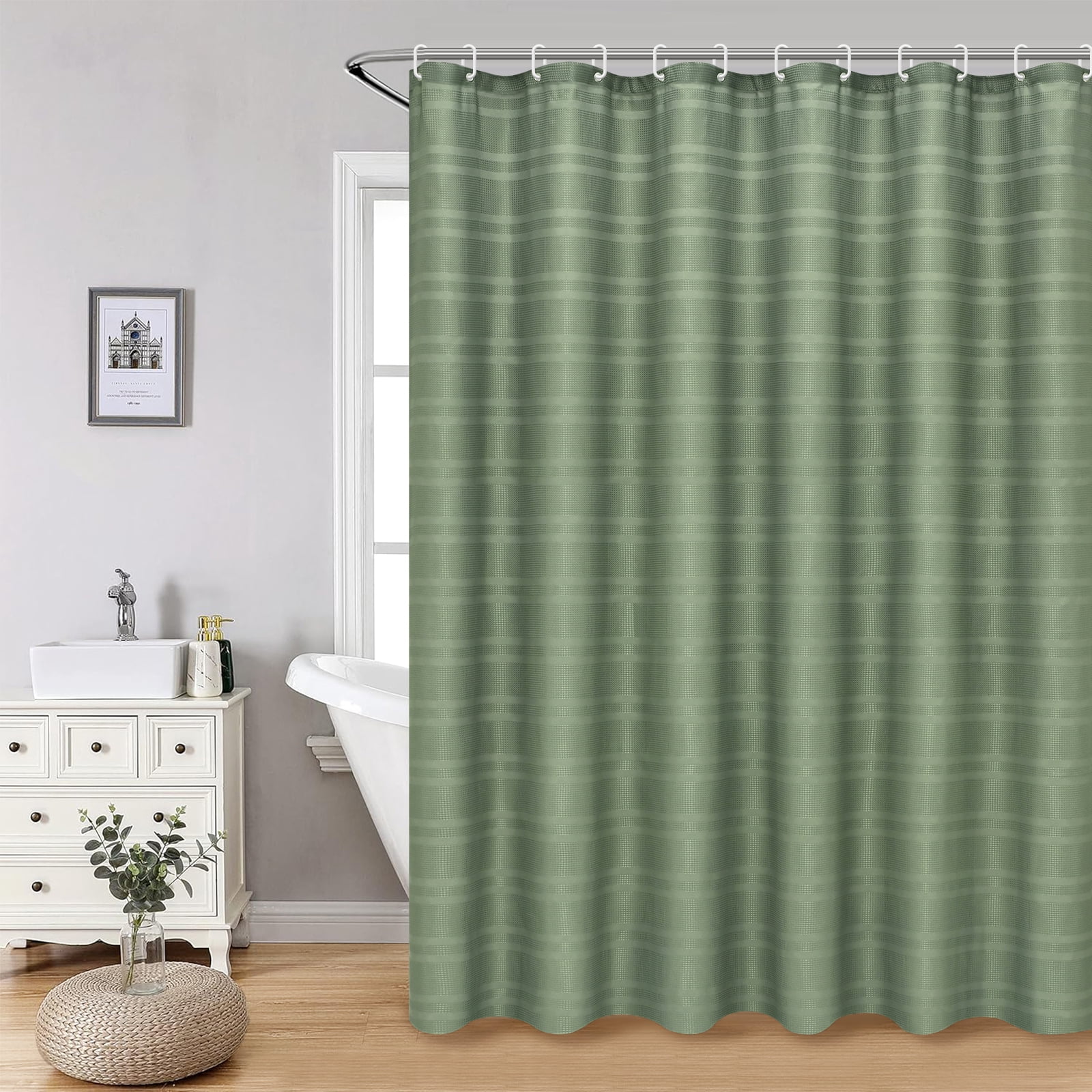 FRAMICS Waffle Weave Shower Curtain Sets with Rug, 14-Piece Striped Bathroom Sets with Hooks, Hotel Grade Heavy-Duty Waterproof Fabric, Sage Green, 71.3" x 71.3"