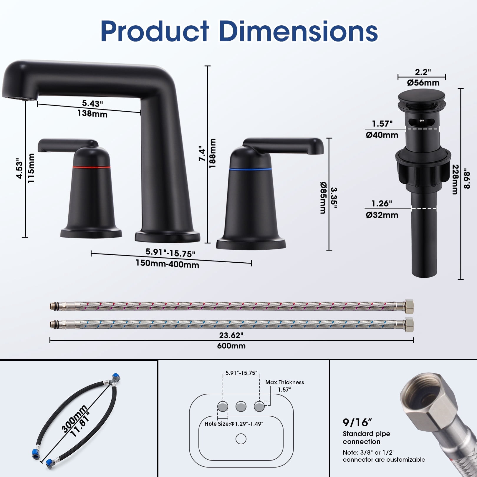 Wowkk 3 Hole Bathroom Faucet 2 Handle Widespread Bathroom Sink Faucet with Pop up Drain and Supply Lines, Brass Vanity Faucet for Rv Farmhouse Lavatory Restroom Sink, Matte Black