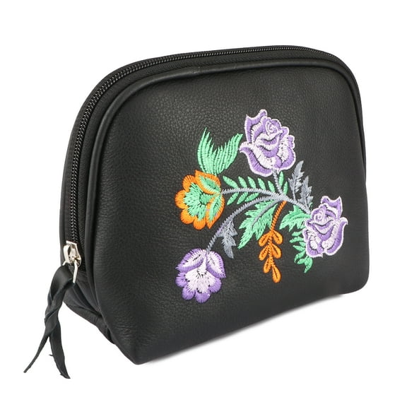 Women's Black Leather Floral Embroidered Zippered Makeup Cosmetic Bag 18BT04BK