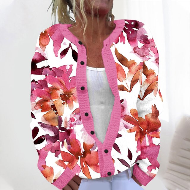 Cárdigan informal de punto con estampado floral para mujer, chaqueta abotonada y abrigo superior para mujer