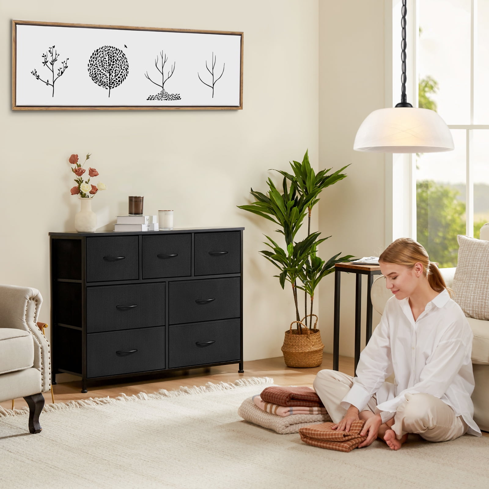 MCQ 7-Drawer Fabric Dresser with Metal Frame & Wood Top – Storage Organizer for Bedroom, Closet, Entryway, Black