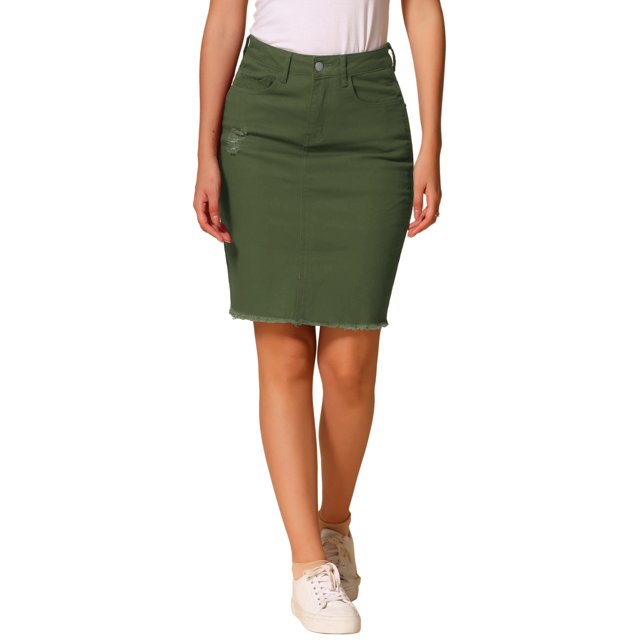 Falda de mezclilla INSPIRE CHIC para mujer, casual, desgastada, hasta la rodilla, talla XL, verde olivo