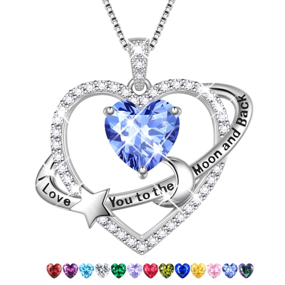 Fasjewly I Love You to The Moon and Back Necklace,S925 Sterling Silver Heart Birthstone Necklace, Moon and Star Pendant Necklace Christmas Birthday Anniversary Jewelry Gifts for Women / Wife /Mom