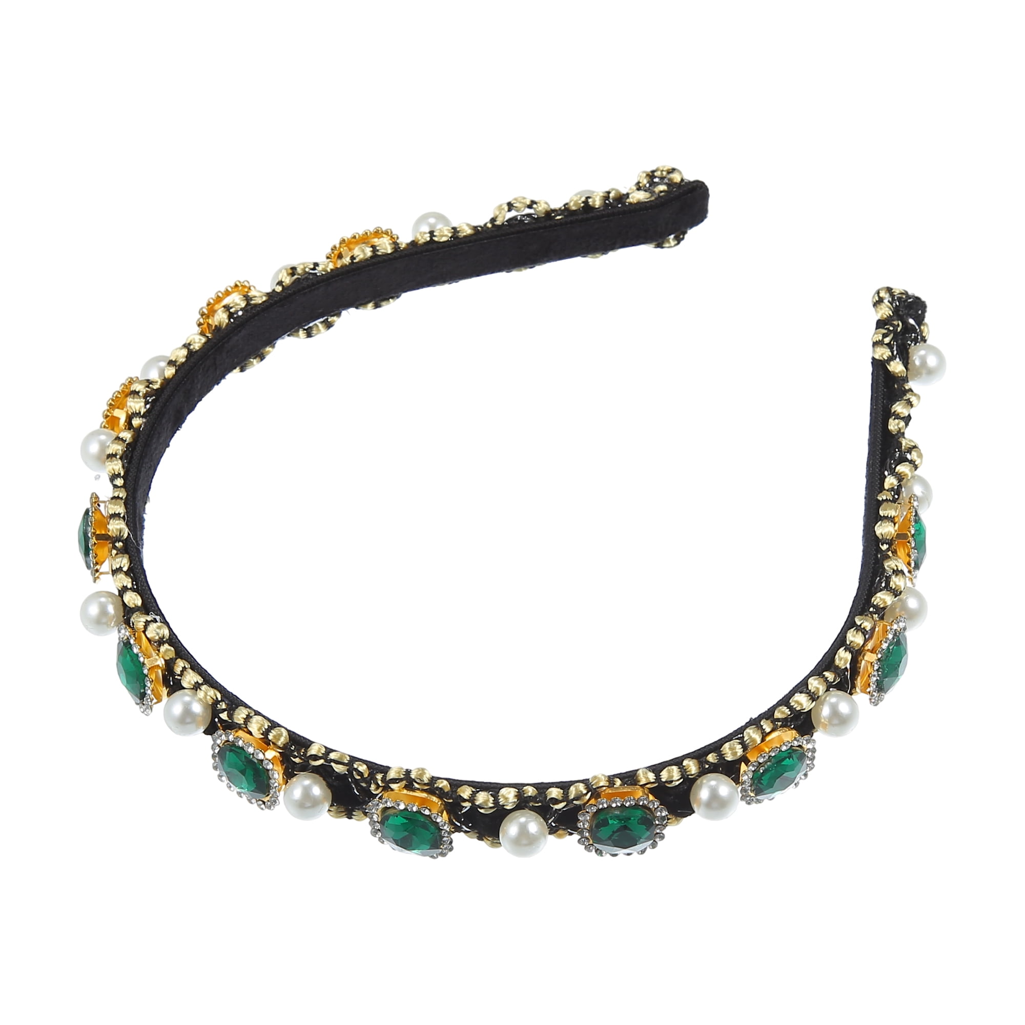 Green Rhinestone Faux Pearl Wide-Brimmed Headband Green-headband-with-pearls-and  main image 4
