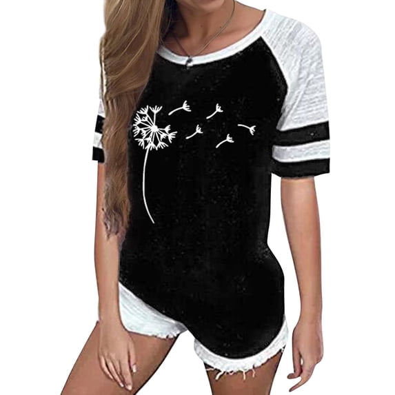 ManHanLi Women Dandelion Print Stripe Raglan Short Sleeve Color Block Top