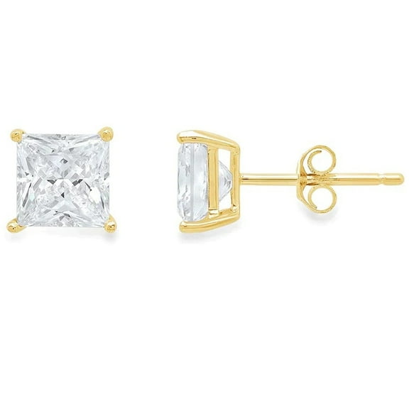 14K Yellow Gold 1 Carat Princess Cut Plated Diamond Stud Earrings by Paris Jewelry