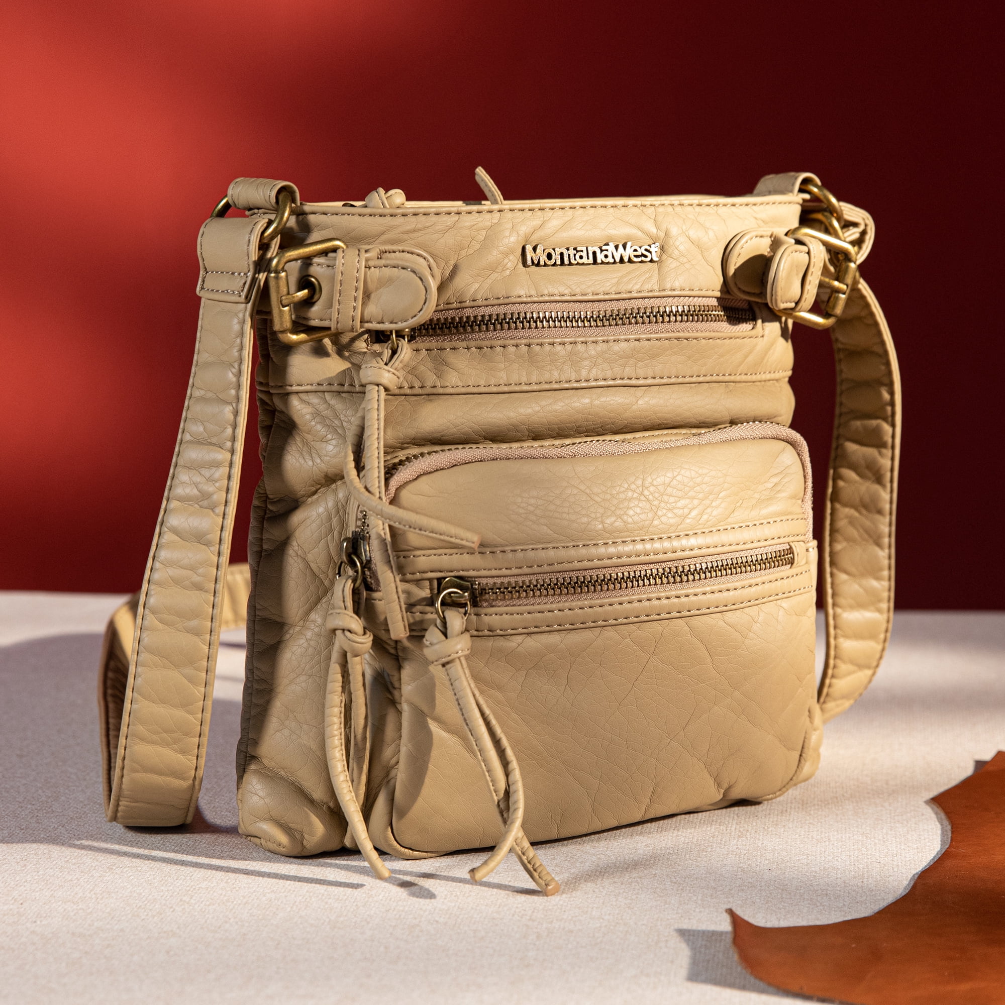 Montana West Crossbody Bag for Women Multi Pocket Shoulder Bags Medium Travel Purses Ultra Soft Washed Leather, Beige