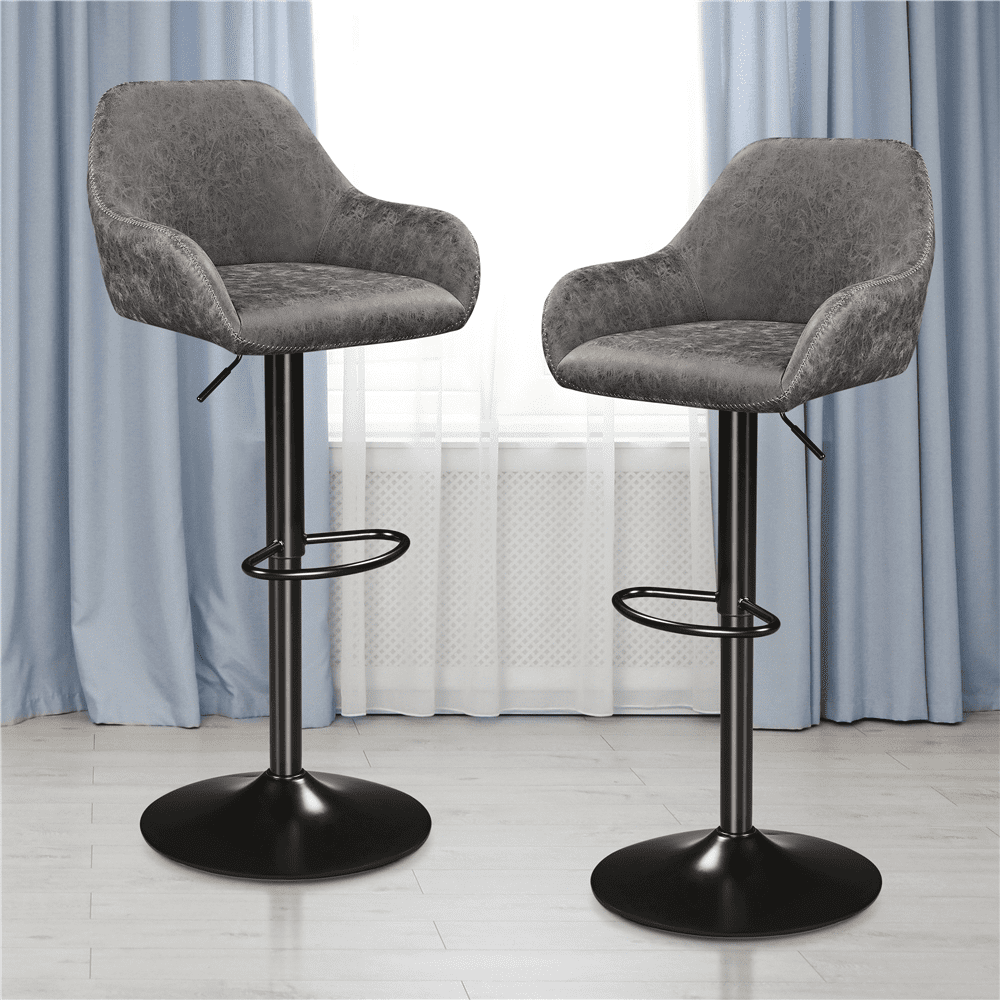 Alden Design Adjustable Vintage Faux Leather Bar Stools with Backrest, Set of 2, Gray