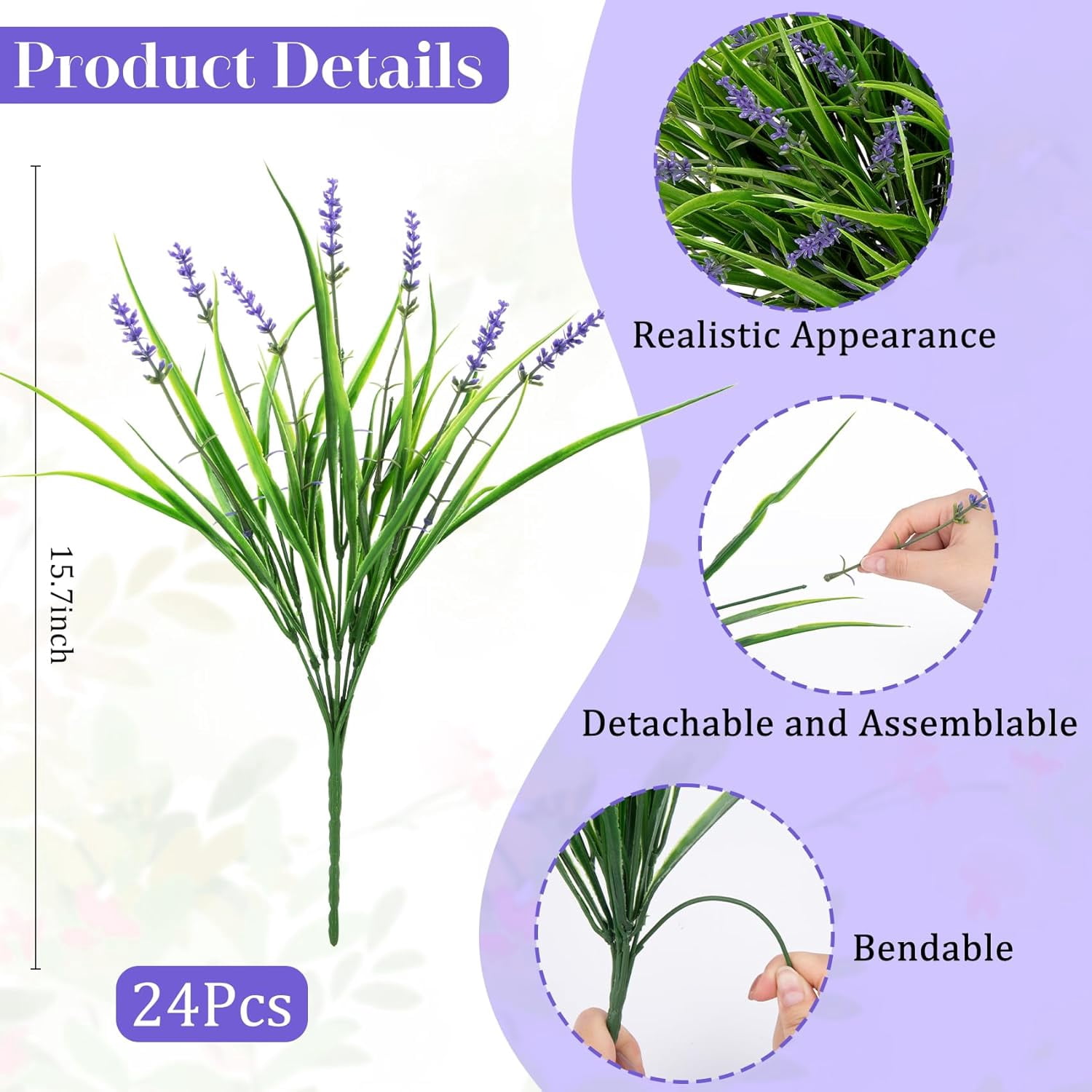 24 Bundles Artificial Plants Flowers Outdoor, Faux Lavender Fake Monkey Grass UV Resistant Plastic Plant for Porch Garden Patio Window Home Decor, Purple