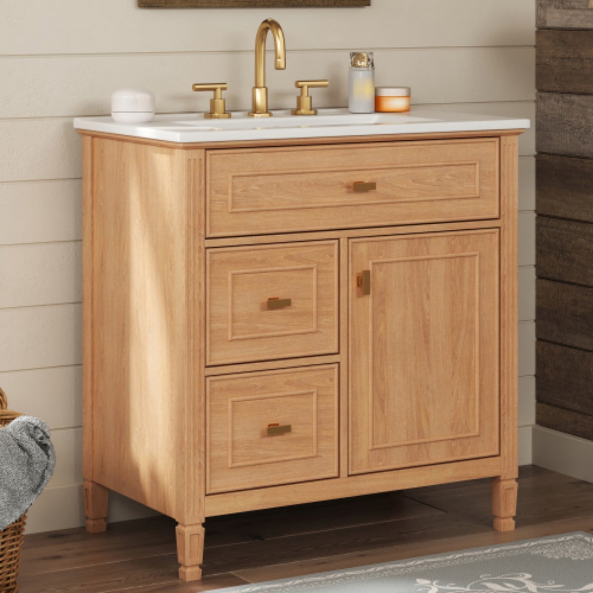 30" Bathroom Vanity with Sink, Modern Bathroom Cabinet with Ceramic Undermount Sink, Solid Wood & MDF Storage Cabinet with Flip Drawer, Adjustable Shelf, Natural