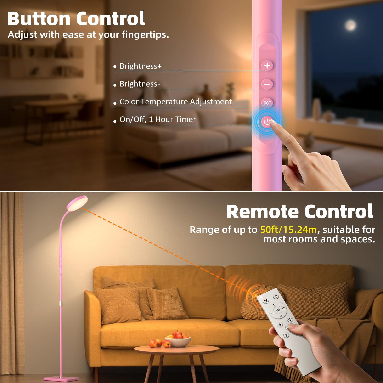 Floor Lamp  Adjustable Height Lamps For Living Room Bedroom 120 Led Super Bright Standing Remote Control Dimmable Gooseneck Tall Stand Reading Office Craft Pink