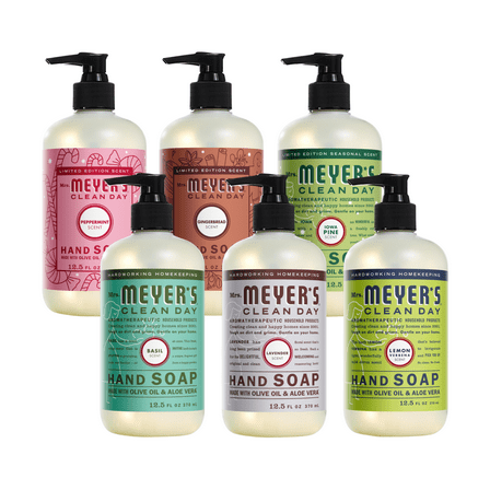 MRS. MEYER'S CLEAN DAY Liquid Hand Soap Variety Pack, Gingerbread, Iowa Pine, Peppermint, Lavender, Lemon Verbena, Basil, 12.5 fl oz Each, 1 CT