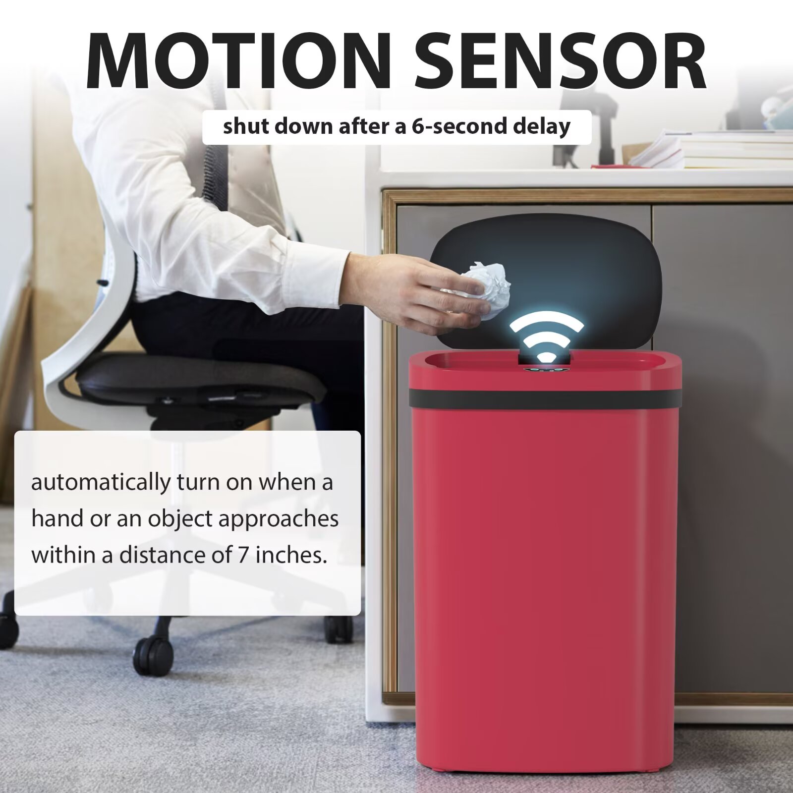 YRLLENSDAN 13 Gallon Trash Can Motion Sensor Touchless Automatic Garbage Cans with Lid and Odor Filter for Kitchen Bedroom Office Living Room, Red