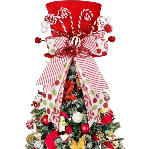 Candy Cane Christmas Tree Topper Hat, Red Tree Topper Hat with Candy Peppermint Bows Ribbon Ornament, Top Hat Christmas Tree Topper for Home Office Holiday Xmas Gift Tree Decoration(Velvet Material