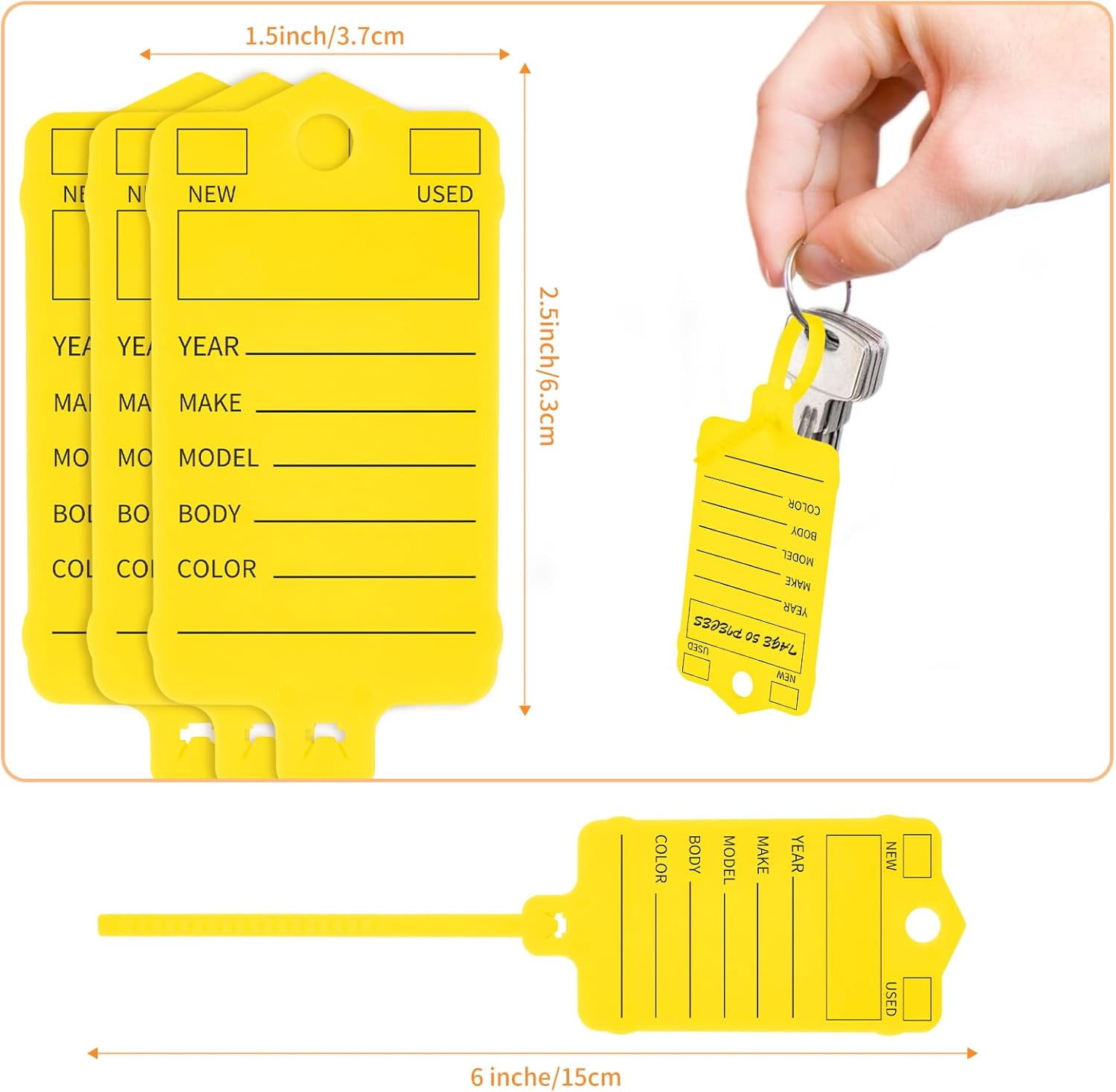 200 Pcs Yellow Self Locking Car Key Tags - Dealership Plastic Labels, Waterproof Identifiers for Key Box, Office, Shop, Car Supplies