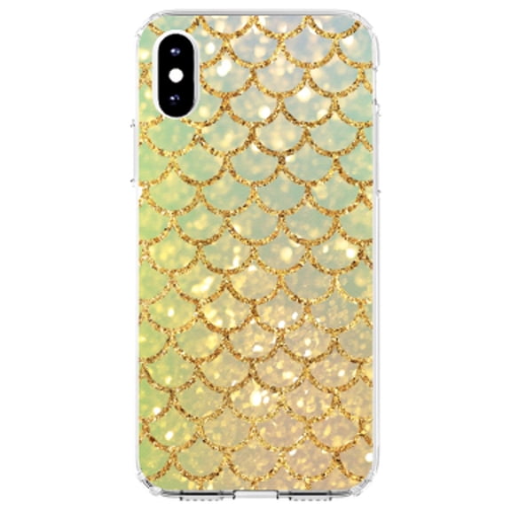 DistinctInk Clear Shockproof Hybrid Case for iPhone XR (6.1" Screen) - TPU Bumper, Acrylic Back, Tempered Glass Screen Protector - Gold Green Mermaid Scales