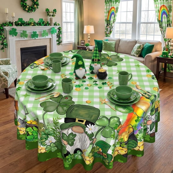 St Patricks Day Tablecloth 60 Inch Round, St Patricks''s Decorations for Home Table Cloth, Shamrocks Clovers Gnomes Decor Tablecloths Polyester for Picnic Party Dinner
