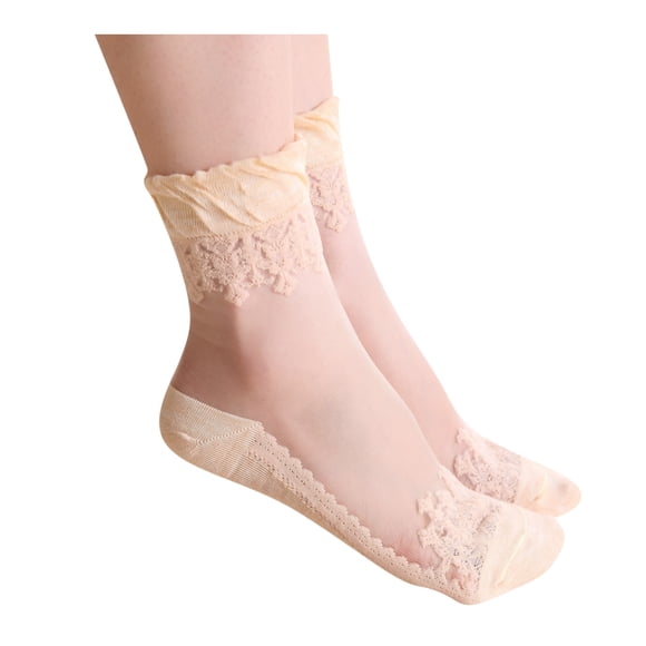 Breathable Lace Long Socks, Women Fashion Casual Hosiery, Elegant Daily Lace Socks, Skin Friendly Slim Fit Foot Wear For Dress Matching Daily Leisure Outing Trendy Elegant Foot Accessory,Yellow