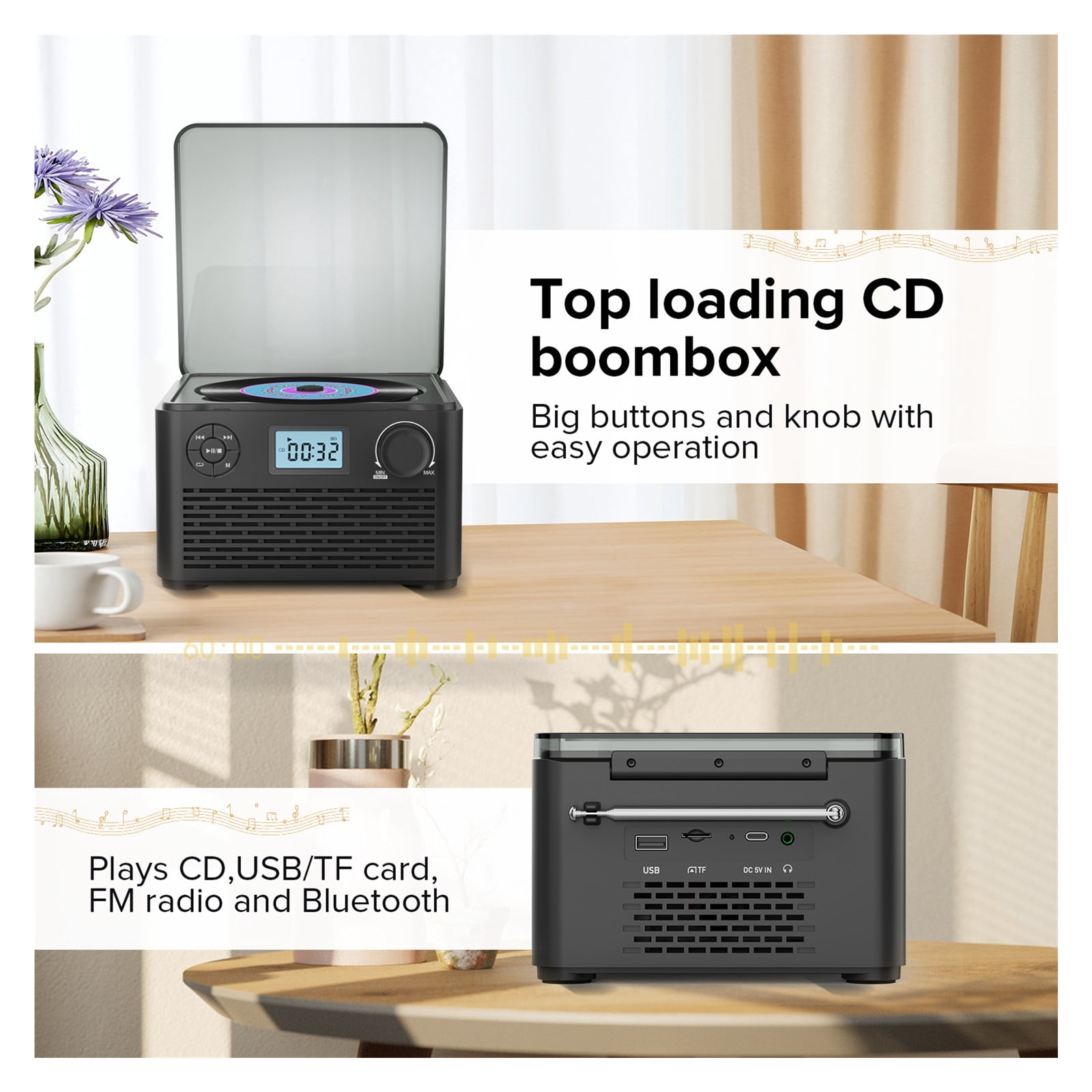 Portable CD Player with Built-in Speakers - Bluetooth Rechargeable CD Player with USB MP3 FM Radio ,Plug & Play Portable