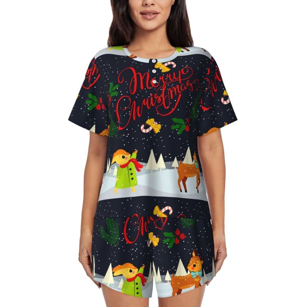 Fotbe Merry Christmas Elk Conjunto de Pijama Estampado para Mujer, 2 Piezas, Ropa de Dormir con Camiseta de Manga Corta y Shorts Suaves-Large