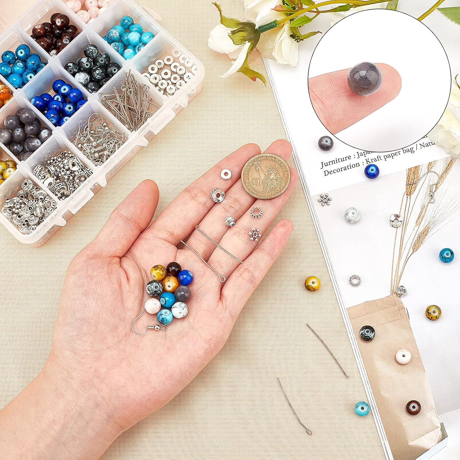 1 Box 200Pcs 10 Colors 8mm Glass Beads Jewellery Making Kit 150Pcs Alloy Loose Spacer Bead with Beading Needle Earring Hooks Elastic Thread Steel Scissors for DIY Jewelry Making Multi-color