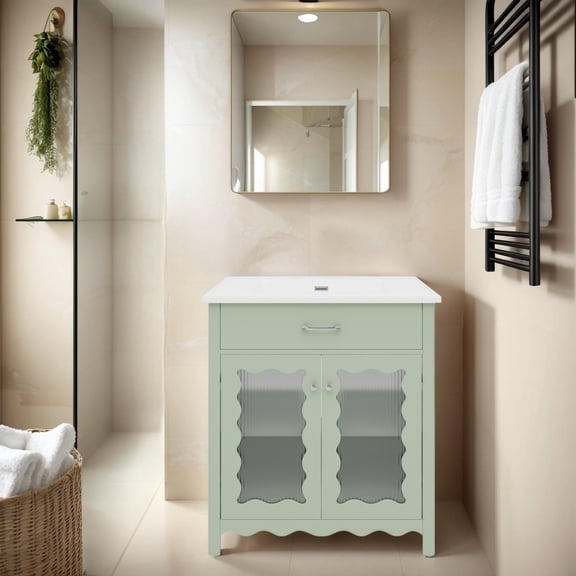 31" Bathroom Vanity with Ceramic Sink, Modern Bathroom Cabinet with Tempered Glass Doors & Rubber Wood Legs, Green