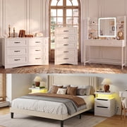 Asofer 6-Piece White Bedroom Set – Queen Bed Frame, LED Vanity, 2 Dressers, and 2 Nightst