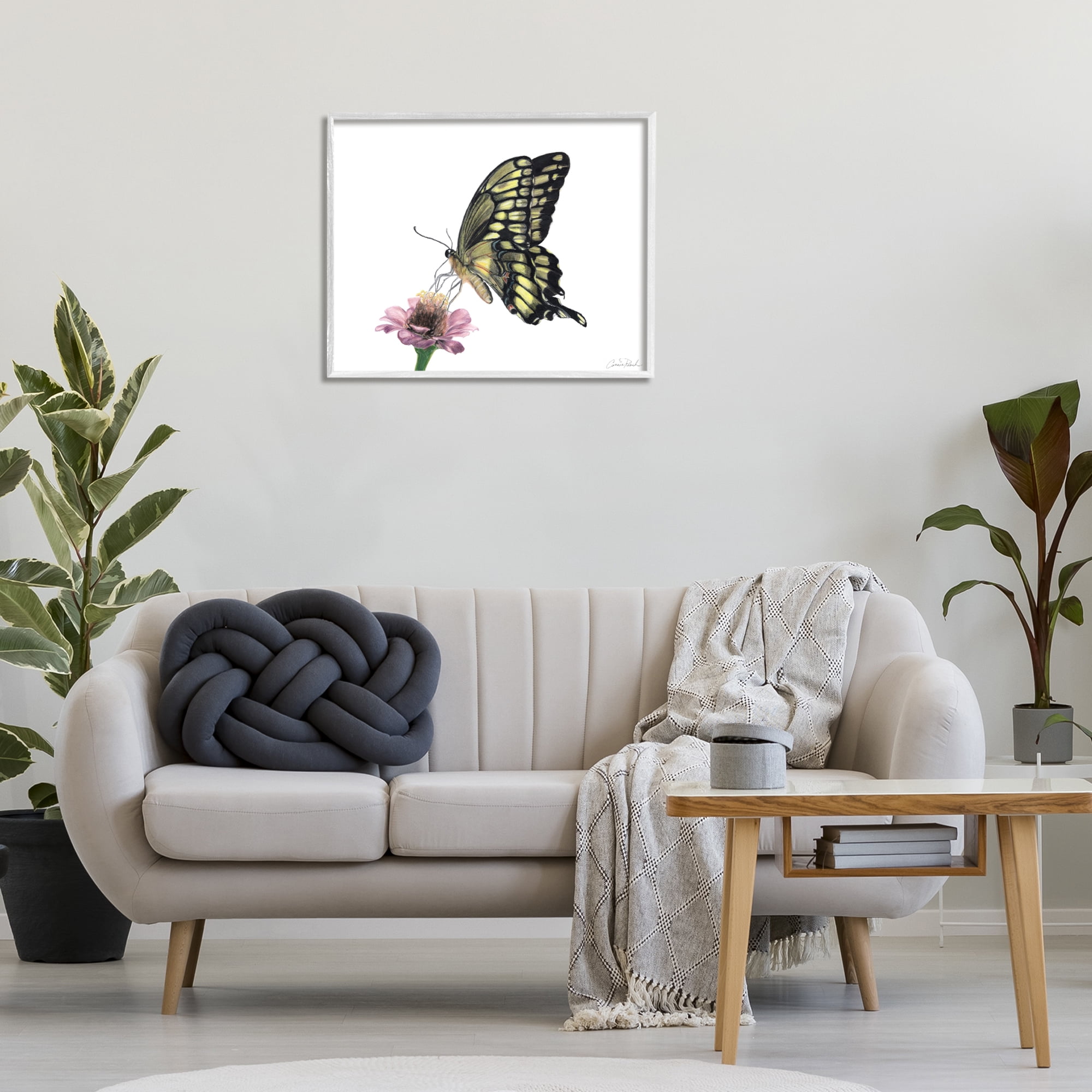 Stupell Industries Minimal Butterfly & Flower Animals & Insects Painting White Framed Art Print Wall Art, 30 x 24