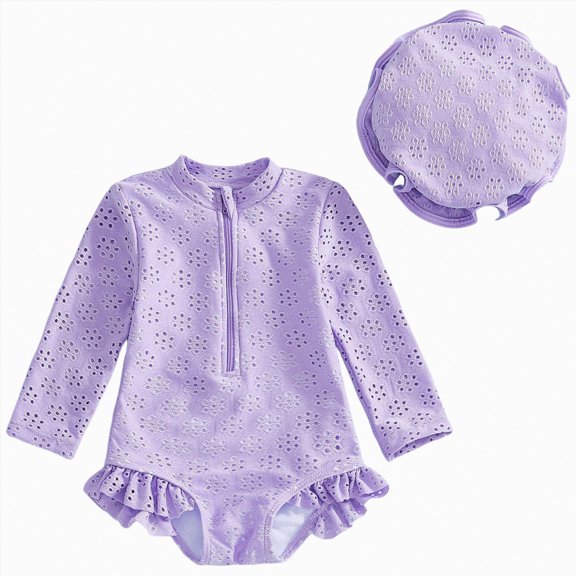 Linfrsh Baby Girl Bathing Suit Infant Baby Girls Swimsuit Long Sleeve Swimsuits One Piece Swimsuit Solid Color Bathing Suit with Hat, UPF 50 (Purple,12-18 Months)