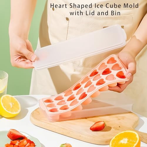 2-Pack Silicone Heart-Shaped Ice Cube Trays with Lid and Storage Bin, 48 Mini Heart Molds, BPA-Free, Dishwasher Safe, Easy Release for Fun Shaped Ice