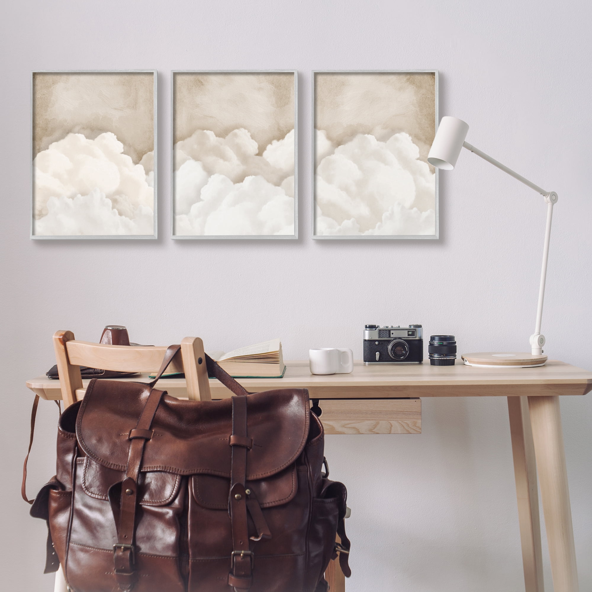 Stupell Industries Vintage Beige Clouds Nature Painting Gray Framed Art Print Wall Art, 16 x 20, Set of 3
