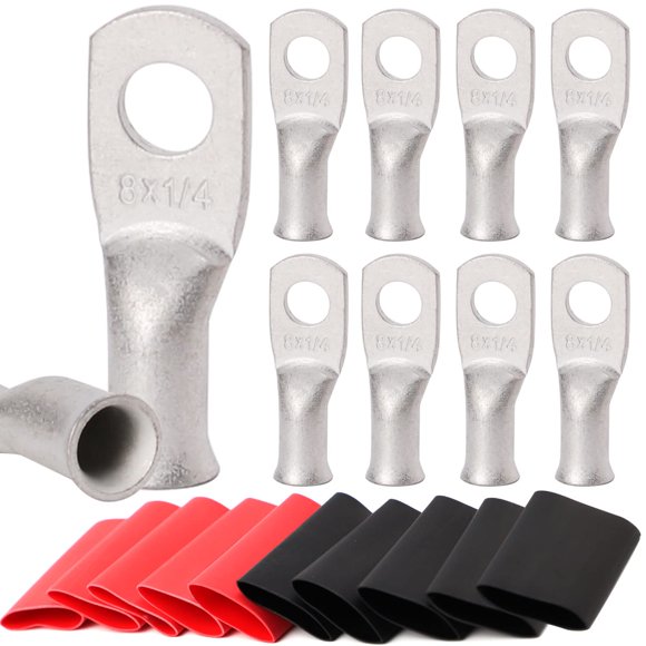 10 Pcs 8 Crampons en Fil de Cuivre de Qualité Marine Awg-1/4 Pouces, avec Tube Rétractable à la Chaleur 3:1, Embouts de Câble de Batterie UL, Crampons de Câble Robustes, Illets en Cuivre Teintés, Bornes Tubulaires