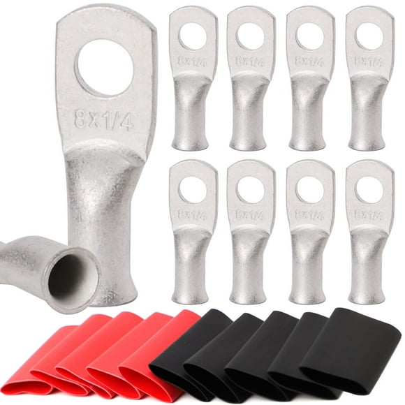 10 Pcs 8 Crampons en Fil de Cuivre de Qualité Marine Awg-1/4 Pouces, avec Tube Rétractable à la Chaleur 3:1, Embouts de Câble de Batterie UL, Crampons de Câble Robustes, Illets en Cuivre Teintés, Bornes Tubulaires