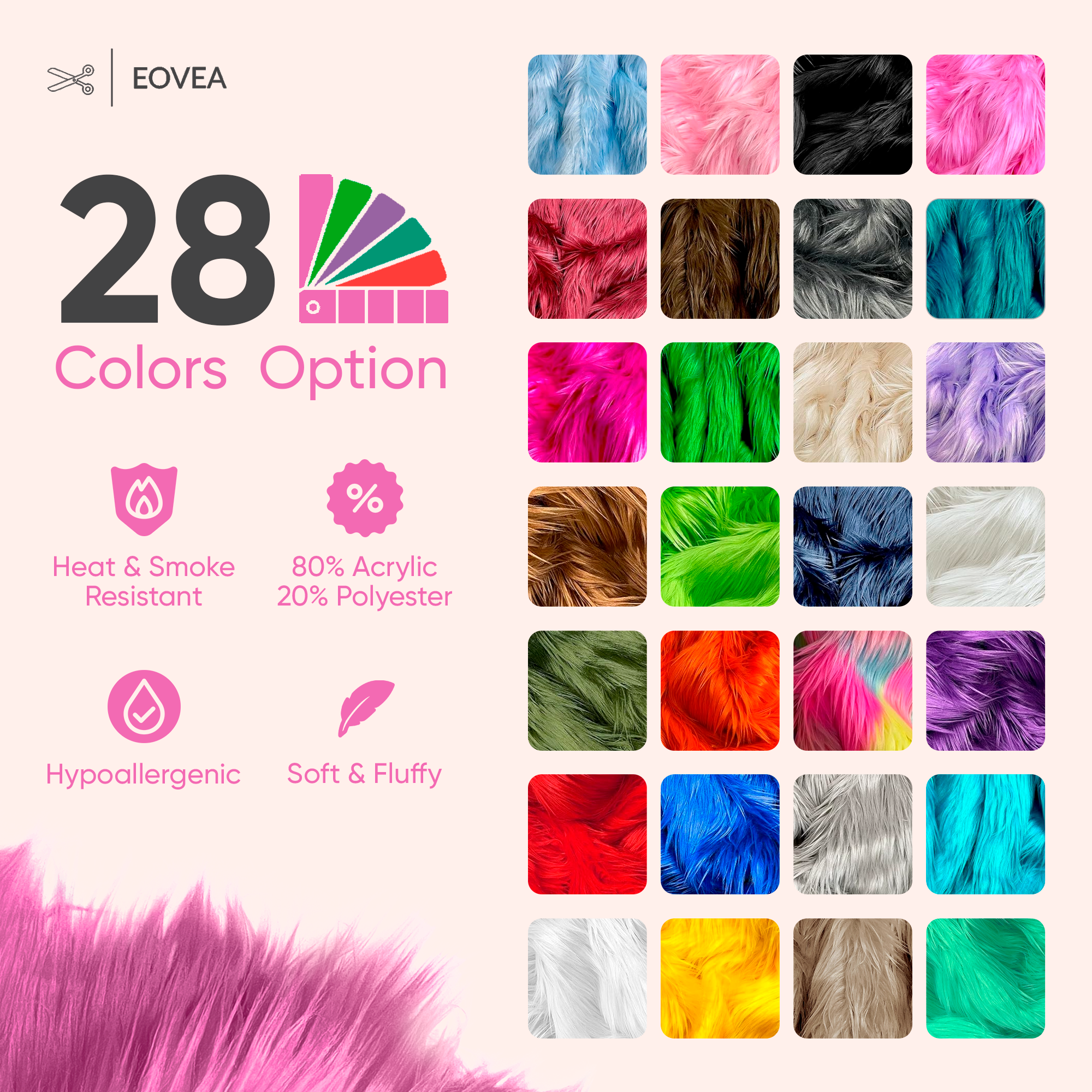 EOVEA Shaggy Faux Fur Fabric by The Yard - 36" X 60" Inch - Long Pile Fur - Fake Fur Materials - Soft & Fluffy Craft Fabric Supplies for DIY Arts & Crafts,Apparel,Costume,Rug(Bubble Gum, One Yard)