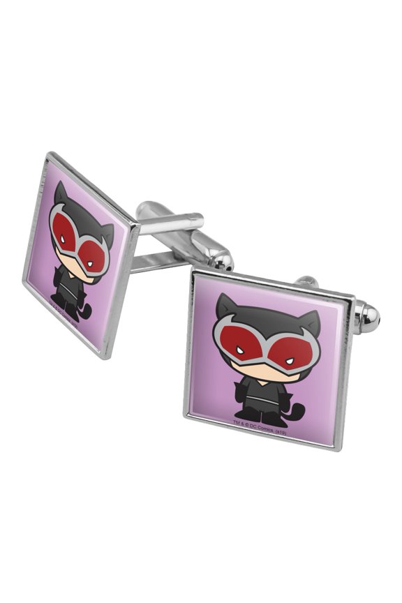 Batman Catwoman Cute Chibi Character Square Cufflink Set - Silver or Gold